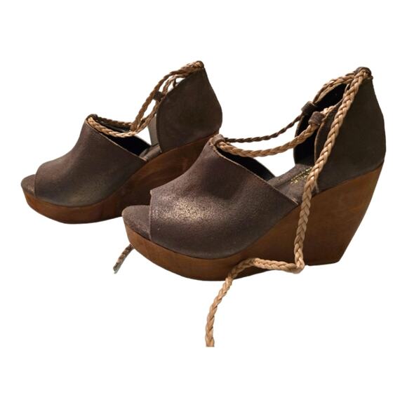 Very Volatile Platform Wooden Wedge Bronze Leather Gladiator Sandals Size 8 New! - Picture 7 of 13